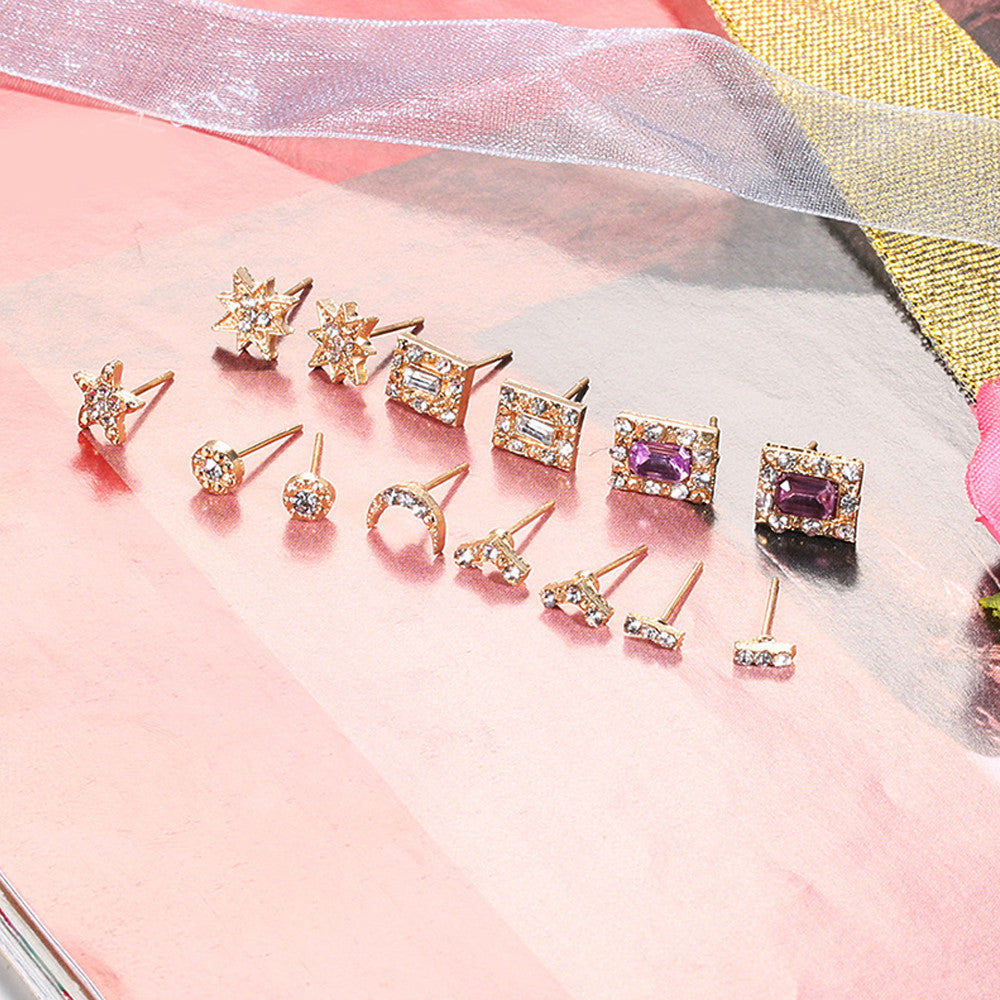 Ladies 14 Piece Fashion Gold Sun Moon Crystal Stud Earring Set