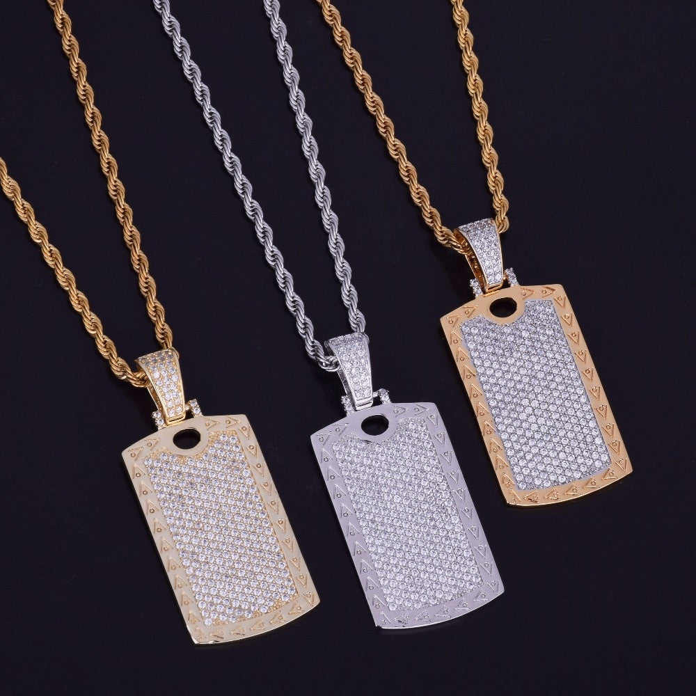 18k AAA Micro Pave Flooded Ice Cage Dog Tag Pendant Hip Hop Chain Necklace