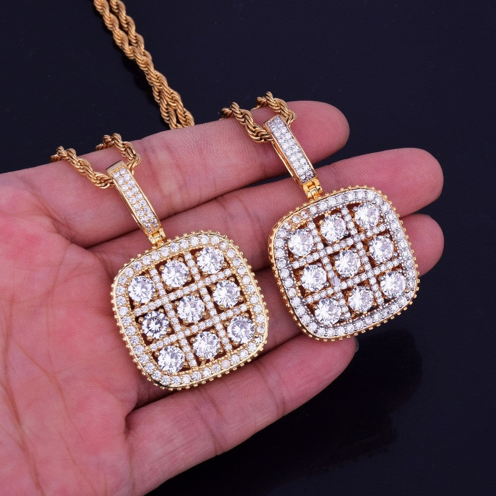 Big Boy Flooded Ice 18k Gold .925 Silver Solitaire Square Cluster Pendant Chain
