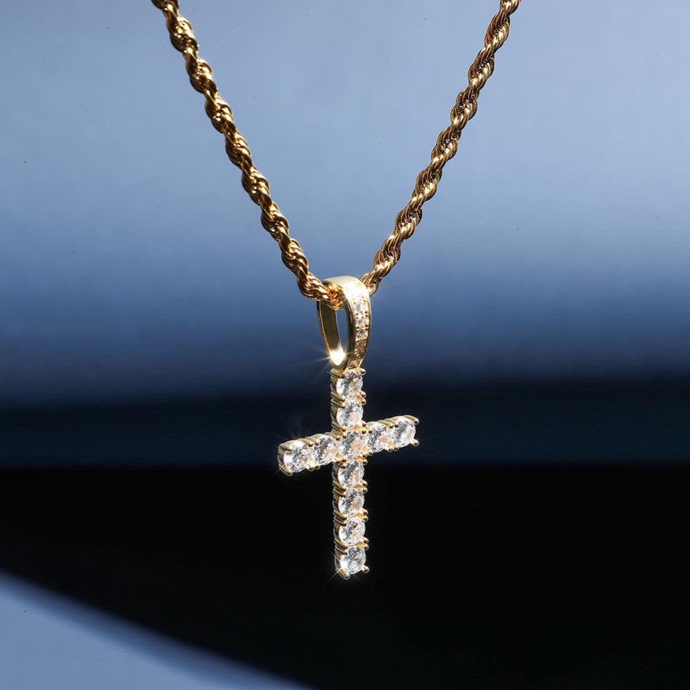 AAA Micro .925 Solid Sterling Silver Ultra Ice Bling Cross Pendant Chain Necklace