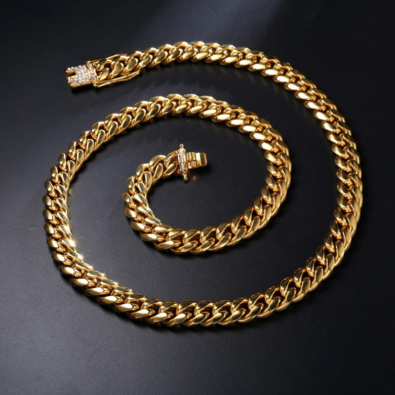 Hip Hop Mens Iced Clasp 316L Stainless Steel Cuban Link Bling Bling Chain Necklaces