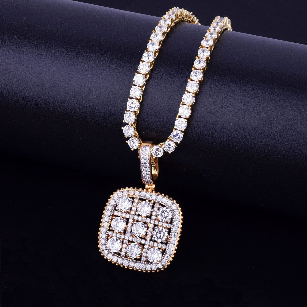 Big Boy Flooded Ice 18k Gold .925 Silver Solitaire Square Cluster Pendant Chain