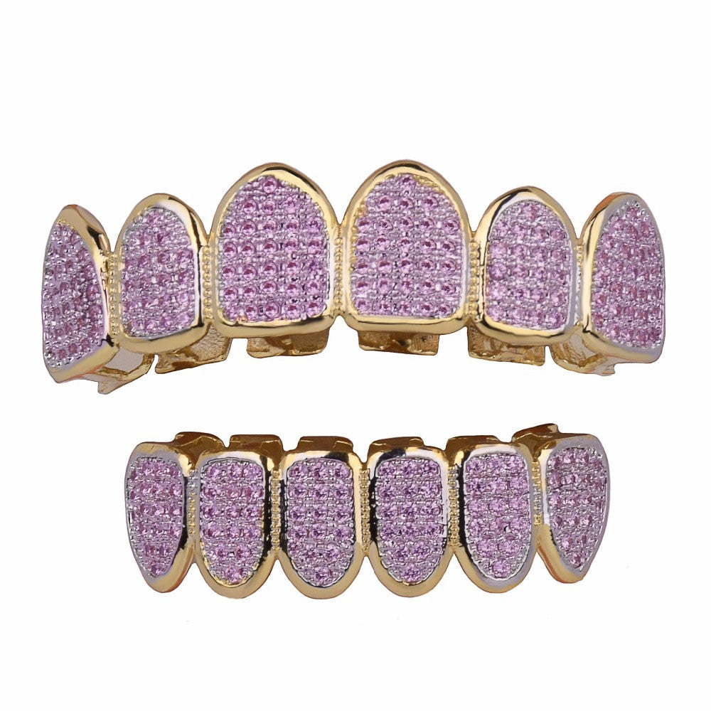 Hip Hop 14k Gold Color Pink Micro Pave Simulate Diamond Blinged Out Teeth Grillz Set