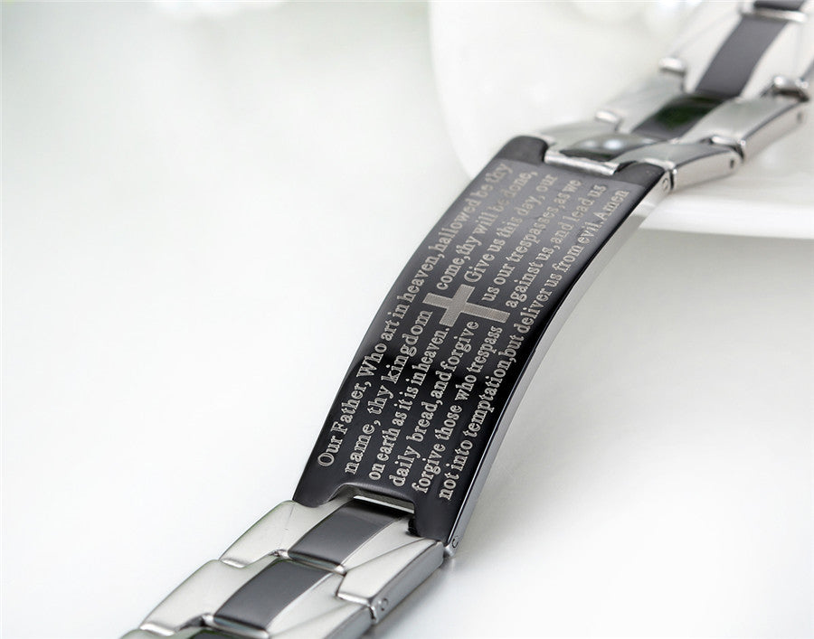 Polished Black Stainless Steel Mens Lords Prayer High Fashion Bracelets