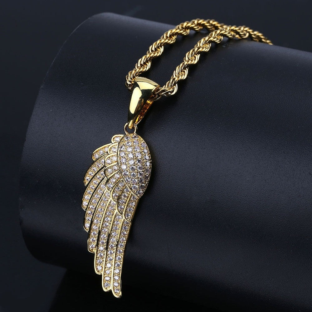14k Gold 925 Silver Flooded Ice Angel Wings Hip Hop Pendant Chain Necklace