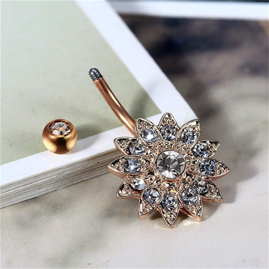 No Fade Stainless Steel Zircon Flower Navel Belly Button Ring Body Jewelry
