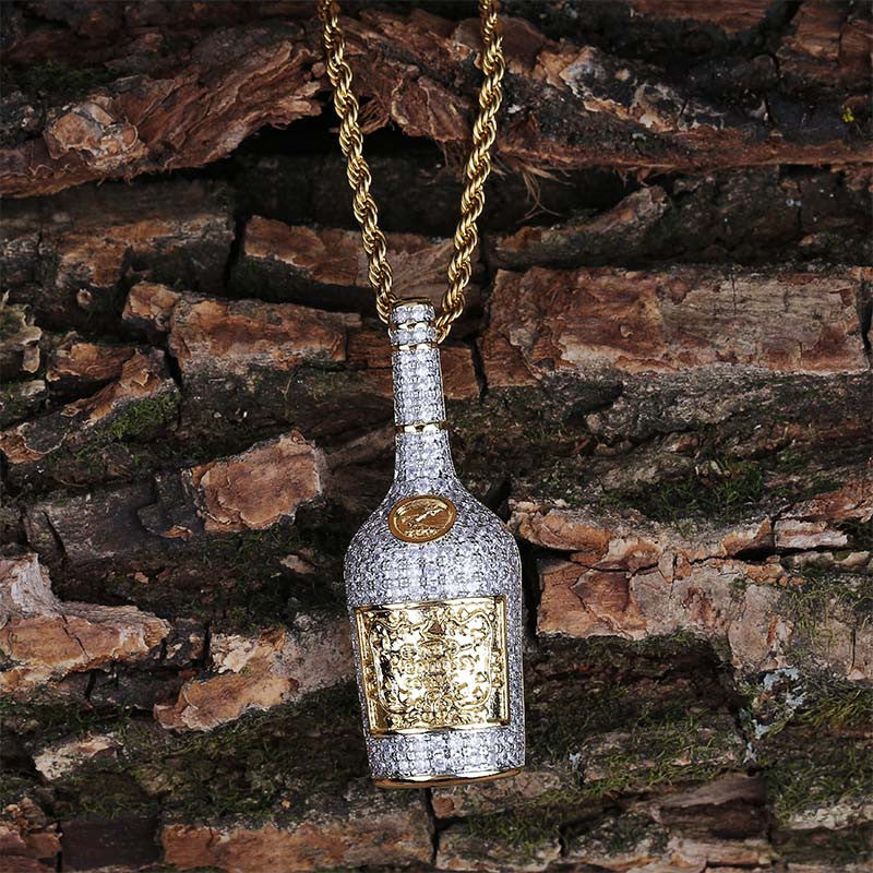Flooded Ice Gold Silver Bottle of Henn Dog Hip Hop Pendant Chain Necklace