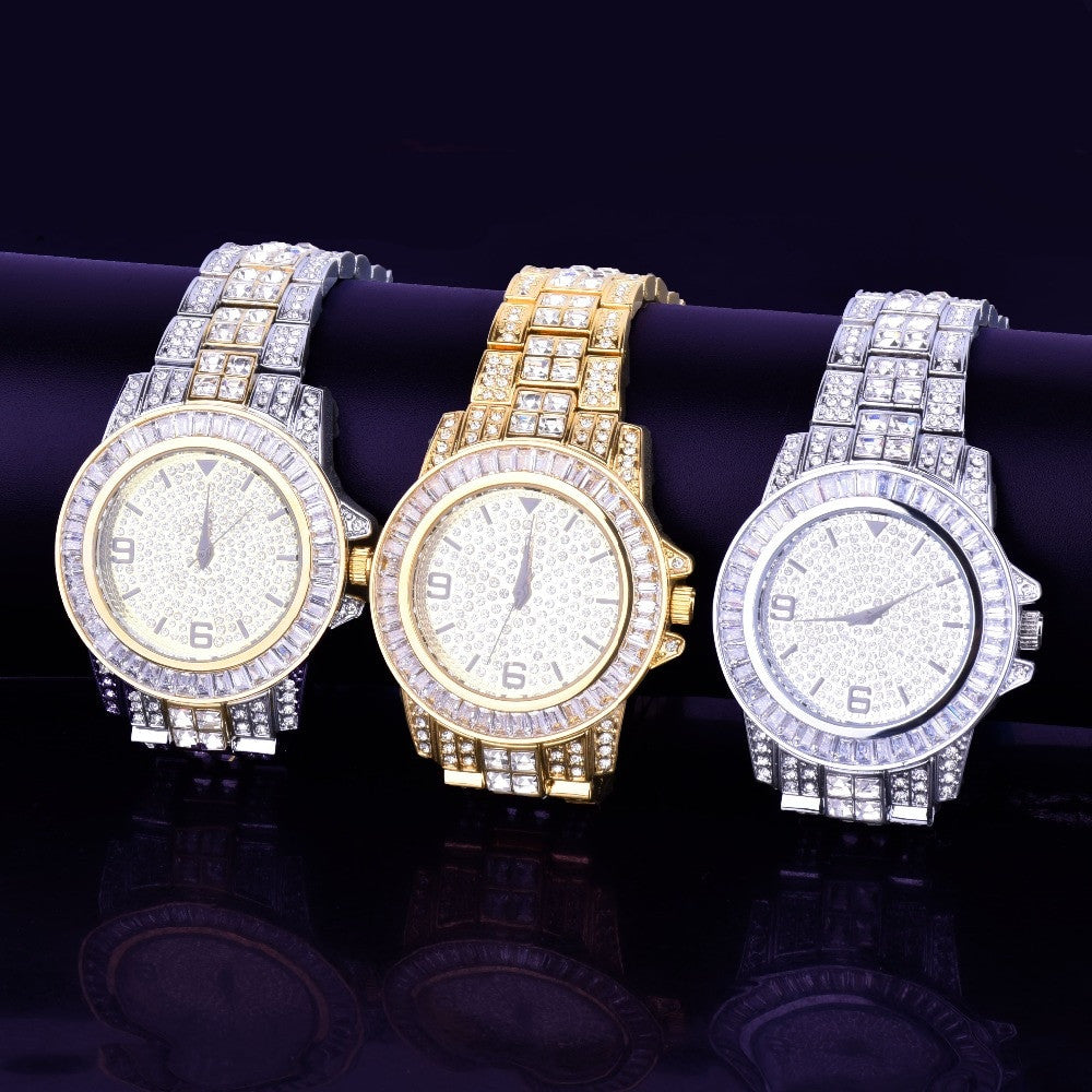 Mens Hip Hop Baguette Iced Gold Silver Stainless Steel Bling Watch