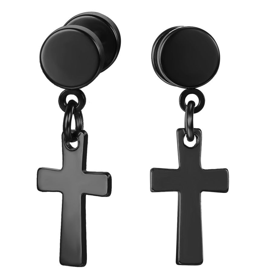 Silver Black over Solid No Tarnish Stainless Steel Cross Screw Back Dangle Earrings