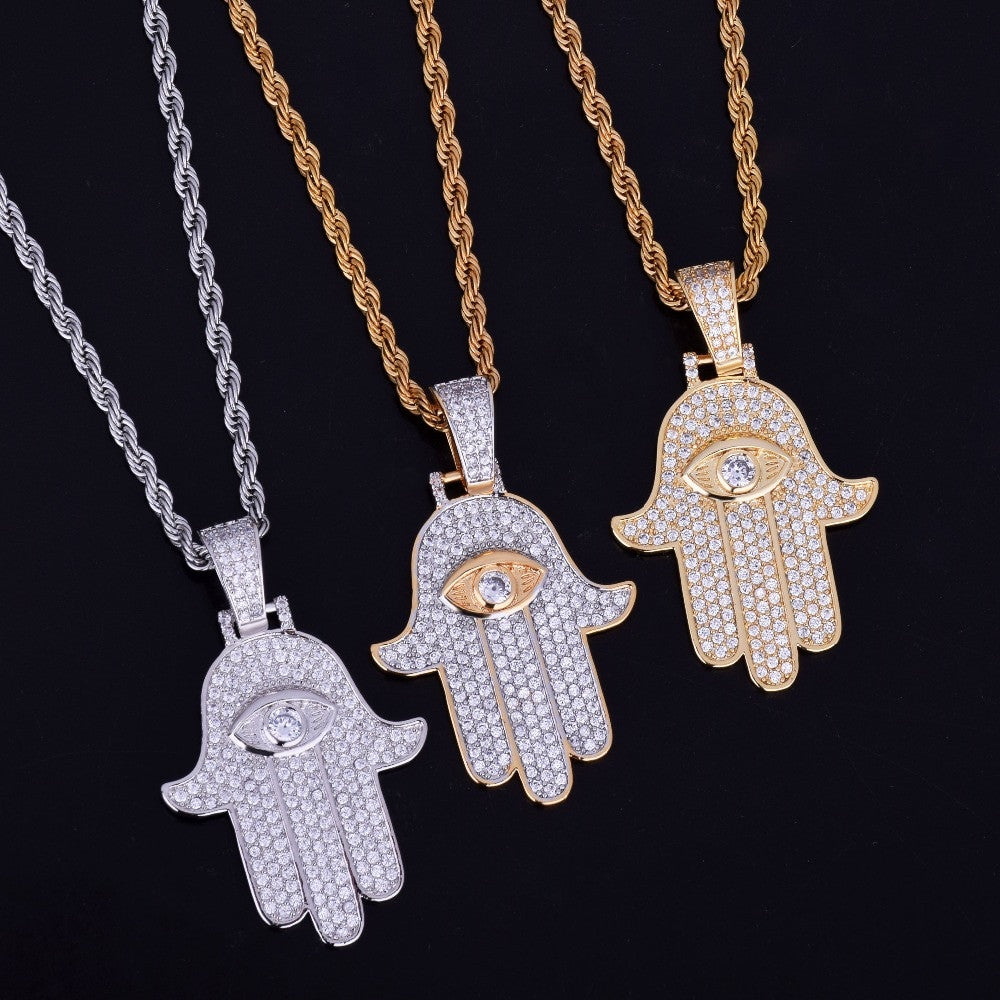AAA Flooded Ice Fatima Hand True Micro Pave 18k Gold .925 Silver Hip Hop Chain Pendant