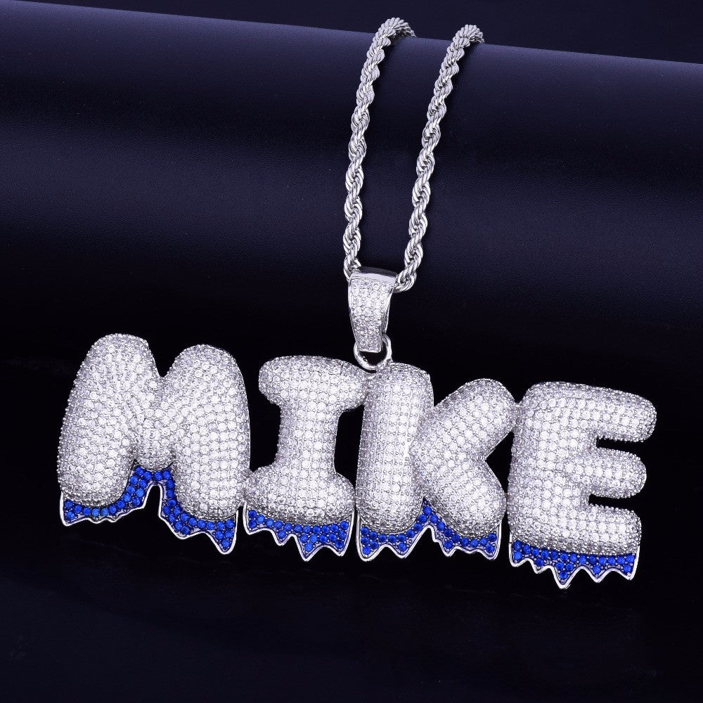 AAA Micro Pave Flooded Ice Custom Name Blue Drip Bubble Letters Pendants Chain Necklace