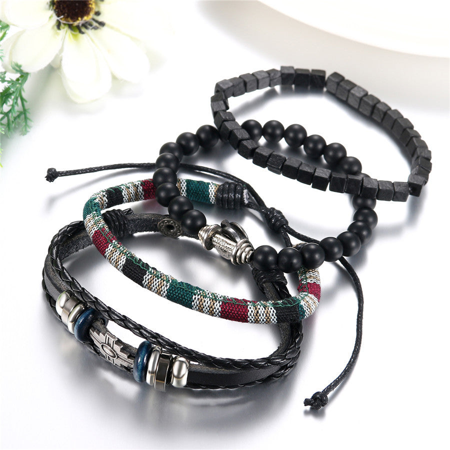 Street Wear Fashion Wooden Beaded Black Brown Leather Bracelets