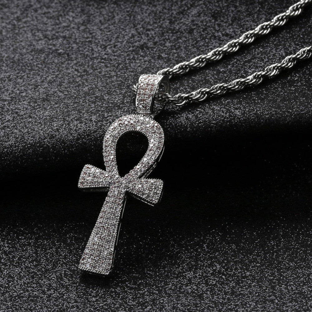 Hip Hop 14k Gold Silver Ankh Cross AAA Micro Pave Pendant Chain Necklace
