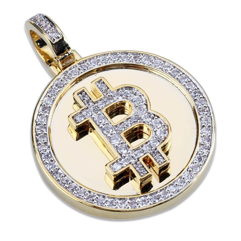 14k Gold Hip Hop Big B Bitcoin Symbol Dollar Sign Bling Bling Pendant Chain