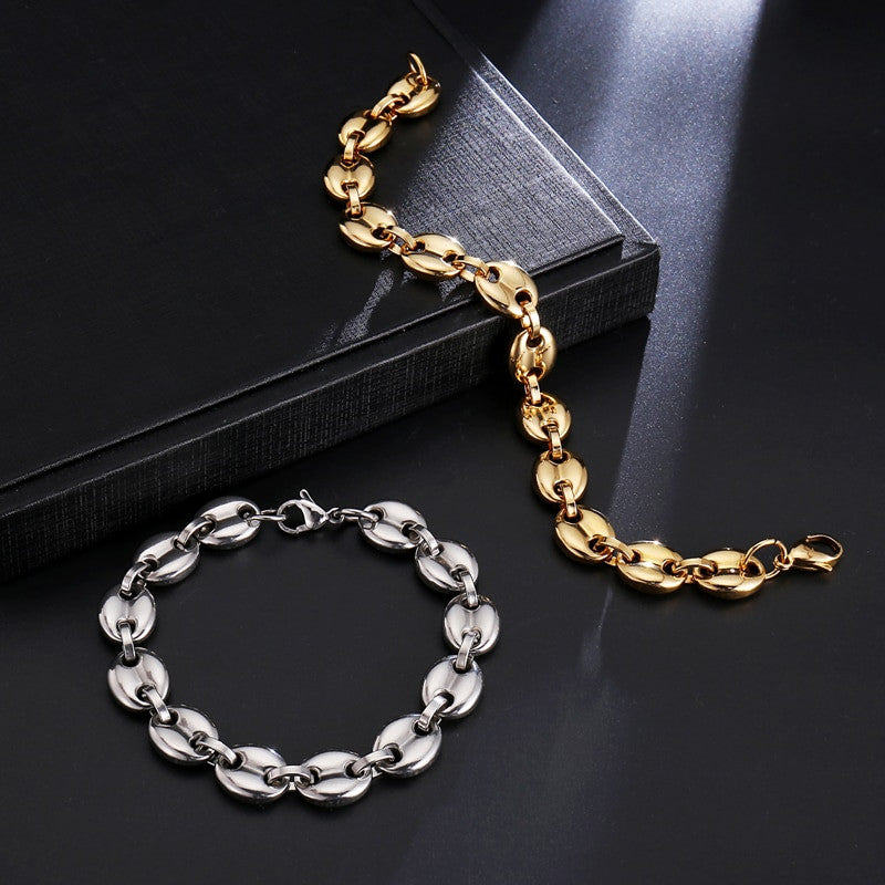 11MM G Link Coffee Beans Stainless Steel 14k Gold Silver Hip Hop Chain Bracelet Jewelry Set
