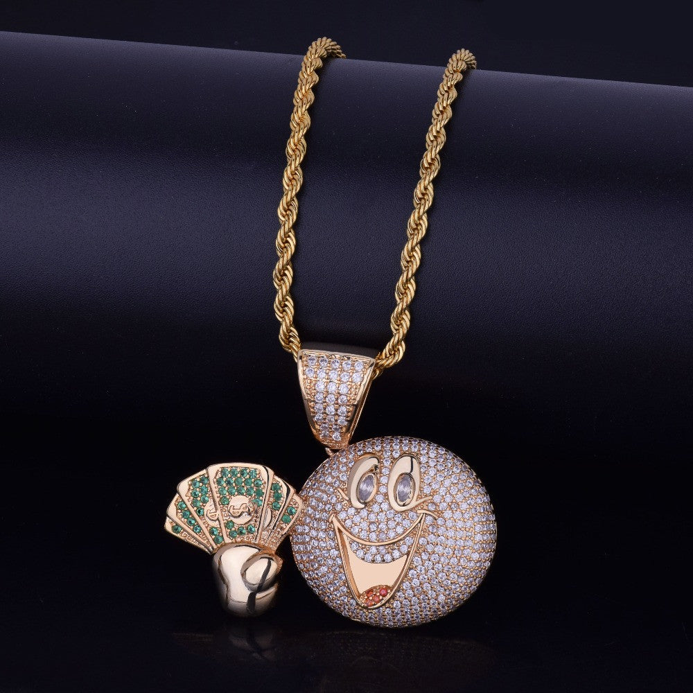 18k Gold .925 Silver Smiling Hip Hop Cash Money Man Emoji Face Pendant Chain Necklace