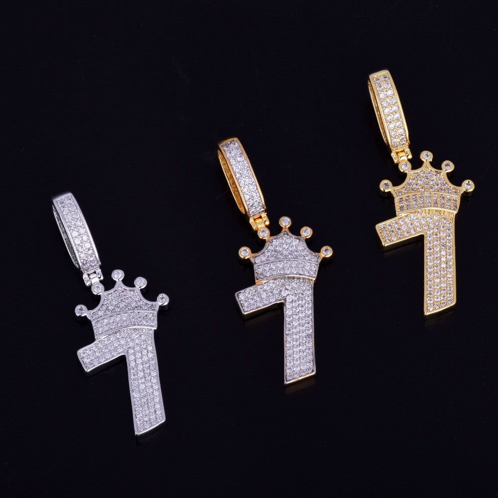 Kings Crown 18k Gold 925 Silver Lucky Number 7 AAA True Micro Pave Flooded Ice Chain