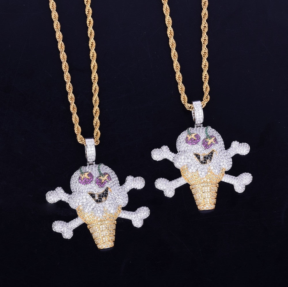 18k Gold Silver Pirate Skeleton Skull Ice Cream Pendant