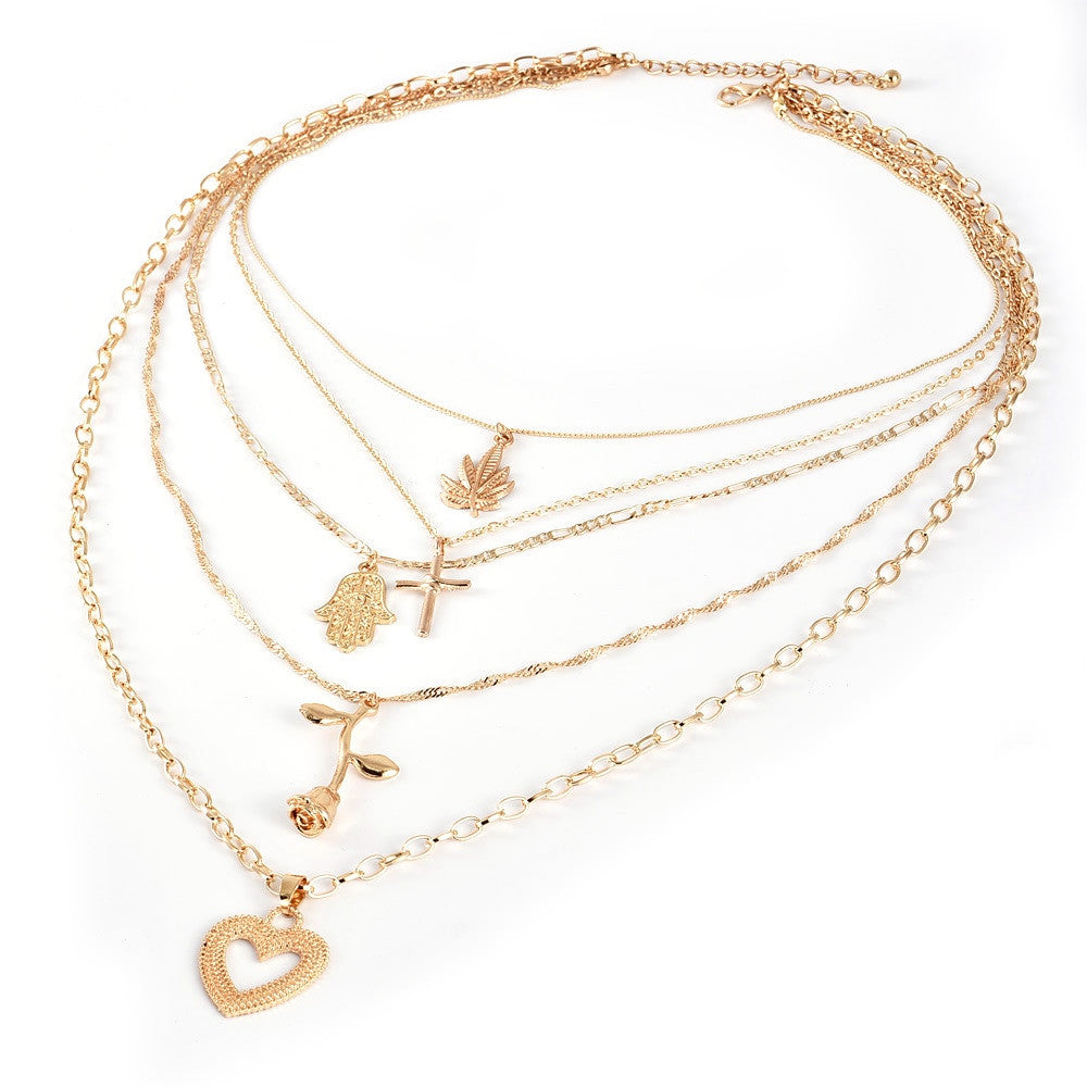 Womens Weed Fashion Peach Heart Rose Multi layer Clavicle Boho Necklace Gold 5 Piece Set