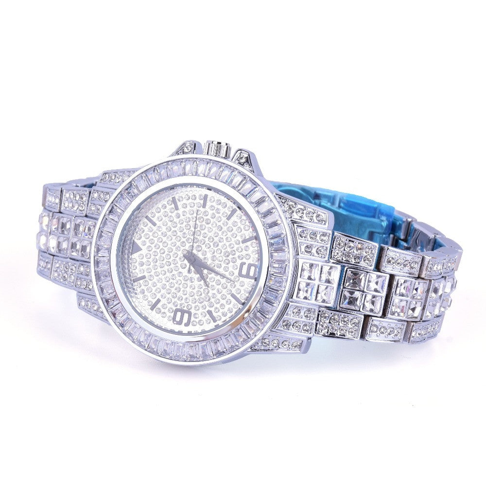 Mens Flooded Ice Luxury Baguette Iced 925 Silver Stainless Steel Bling Watch