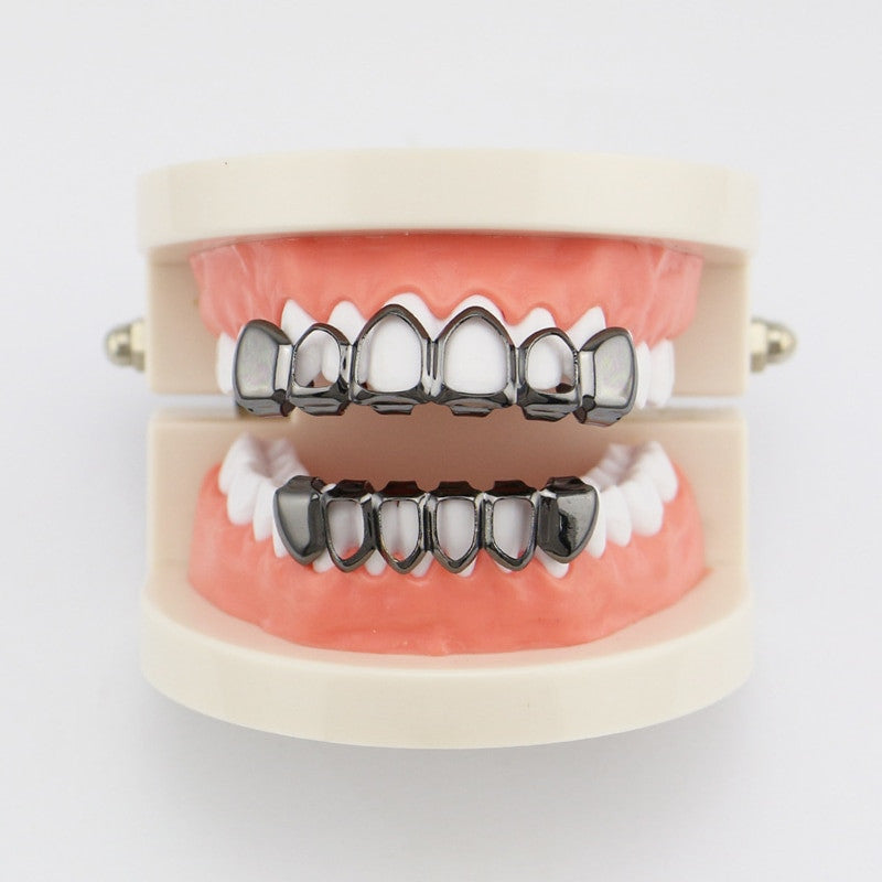 14k Silver Rose Gold Black Hematite Open Face Hip Hop Full mouth Grillz Teeth Gills Set
