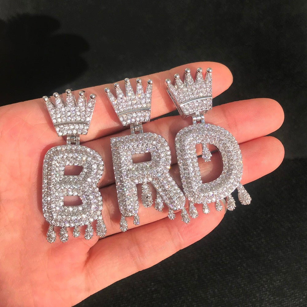 Micro Pave Custom Crown Bail Drip Initials Bubble Letters Pendant Chain Necklace