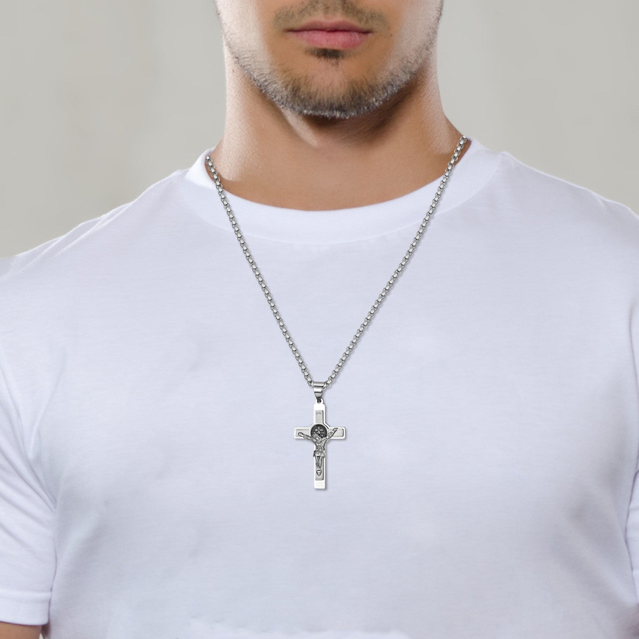 Mens No Fade Stainless Steel Layered Jesus Cross Pendant Chain Necklace