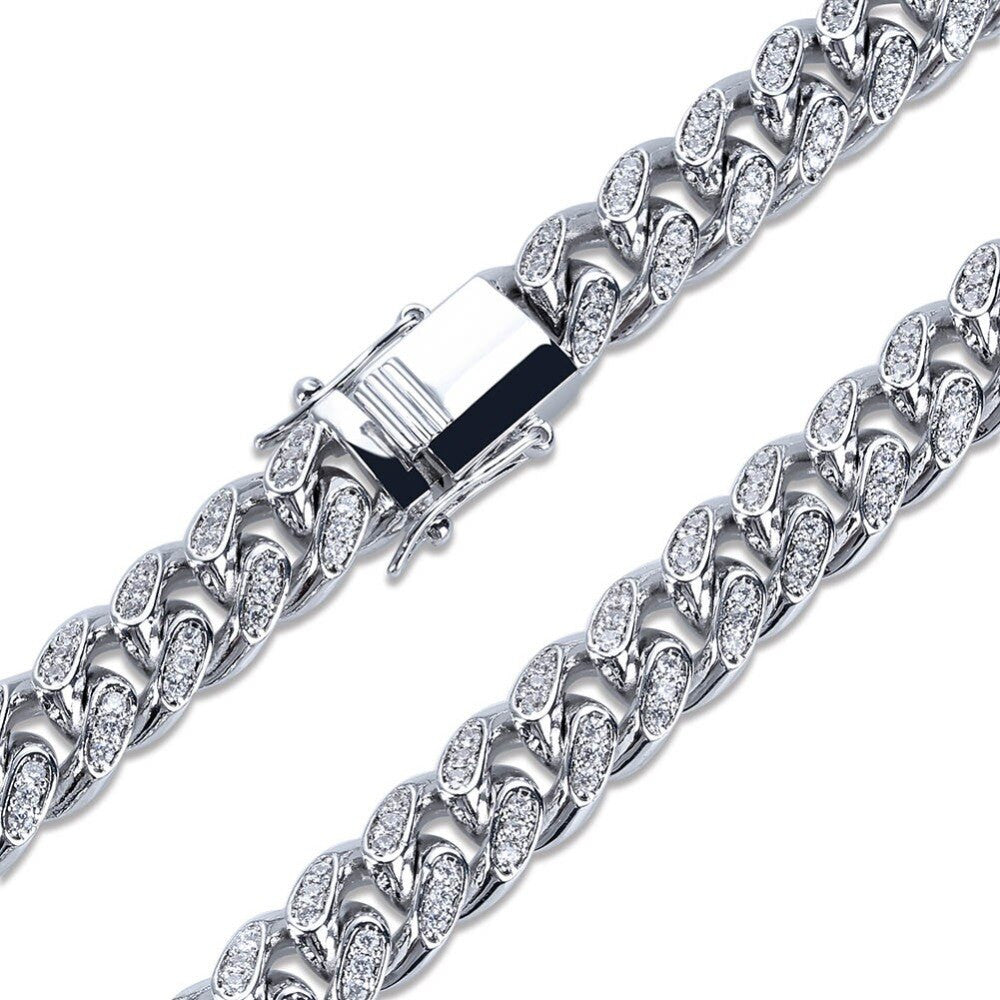 10mm Miami Cuban Link Micro Pave Stone 14k Gold 925 Silver Hip Hop Chain