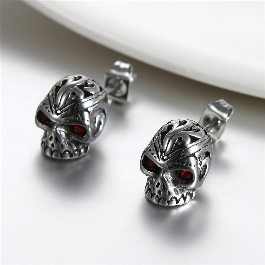 Red Eye Stainless Steel Skull Head Punk Fashion Bling Earrings