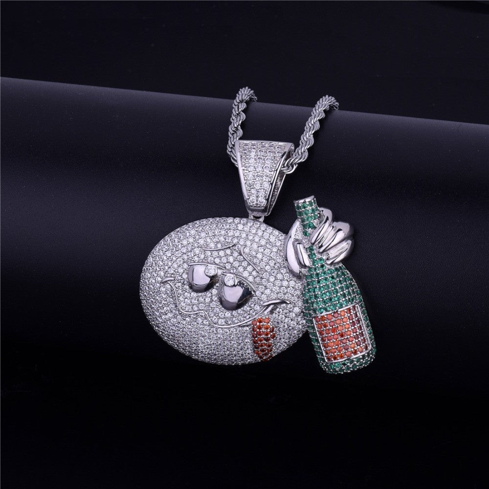 Flooded Ice Micro Pave 18k Gold .925 Silver Drunk Emoji Face Wine Bottle Bling Pendant