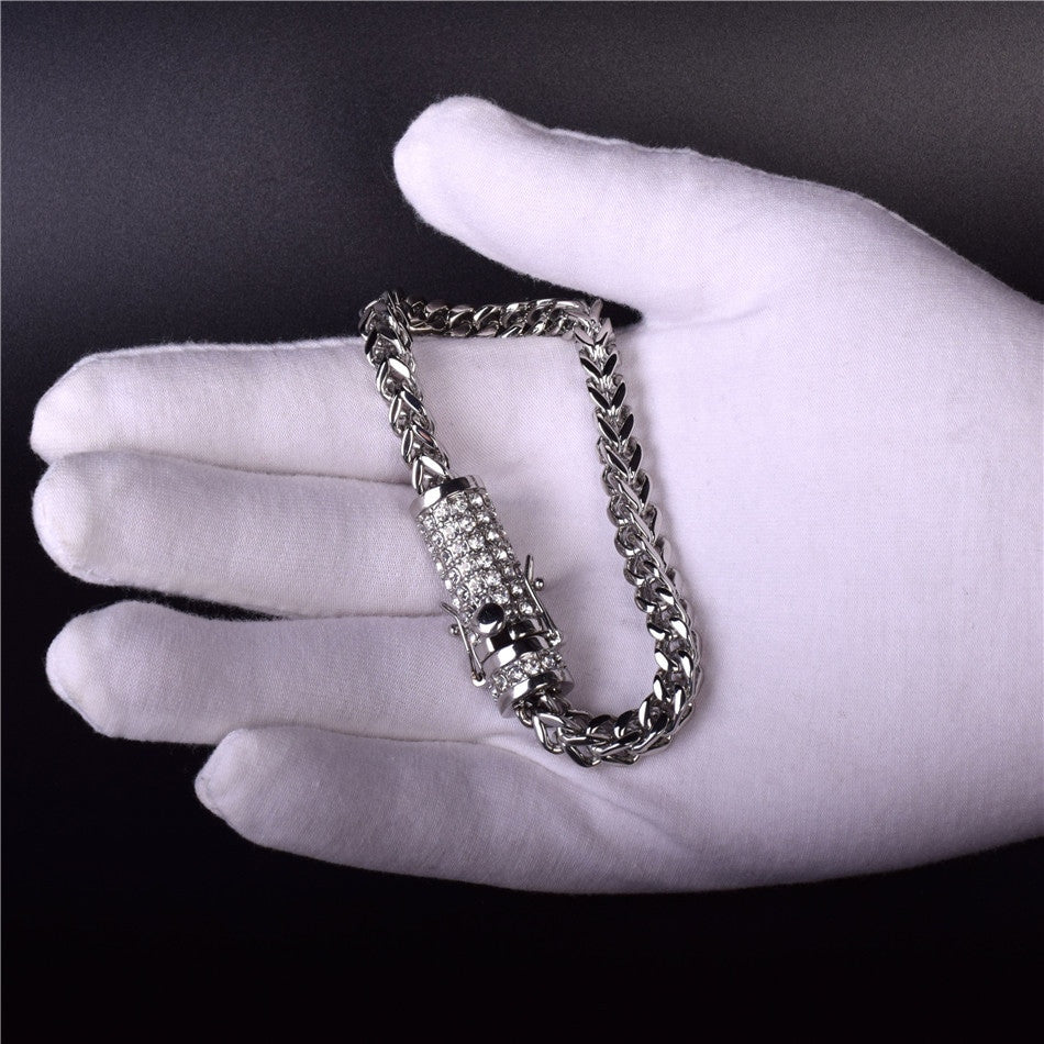 14k Gold Box Clasp Simulated Diamond Fox Franco Link Stainless Steel Bracelet