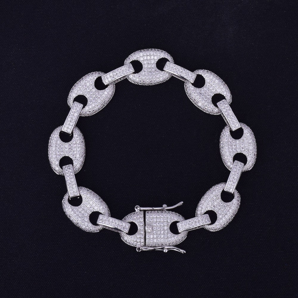 Mens Iced Out 12MM 24k Gold 925 Silver G Link Hip Hop Bracelet