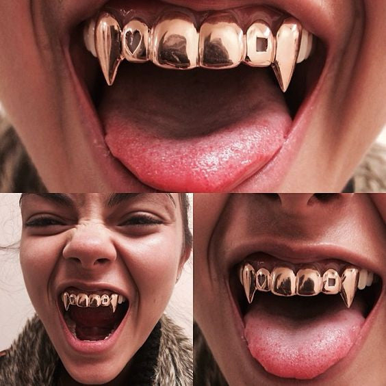 Specialty Hollow Heart n Square love Vampire Teeth Fang 14k Gold Grillz