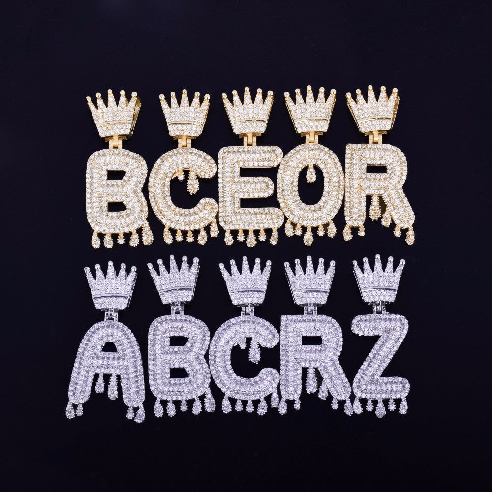 18k Gold .925 Silver Drip Crown Letter Inital Pendant
