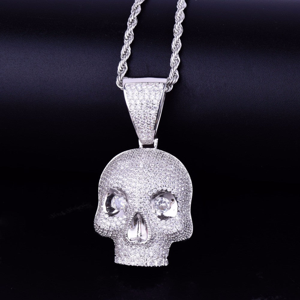AAA Micro Pave Flooded Ice Eye Skull Head Skull 24k Gold .925 Silver Hip Hop Pendant Chain Necklace