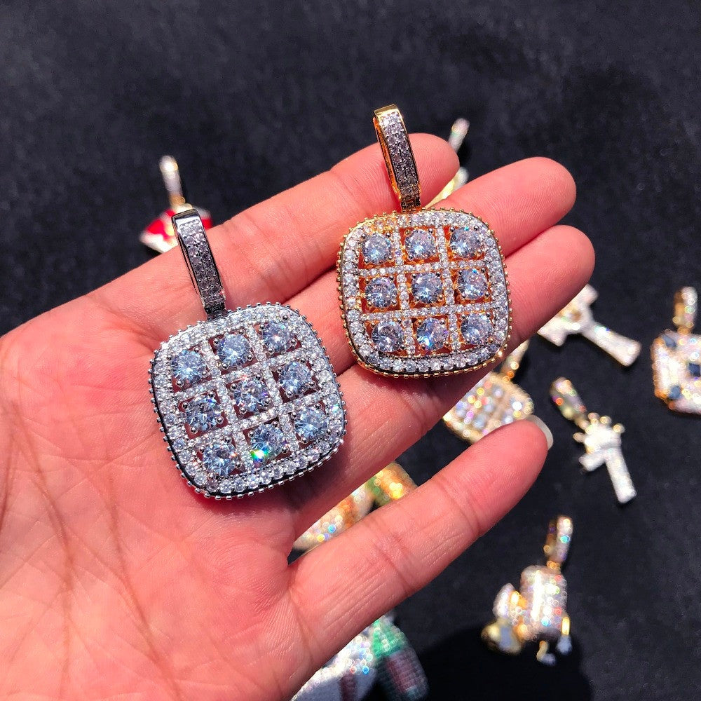 Big Boy Flooded Ice 18k Gold .925 Silver Solitaire Square Cluster Pendant Chain