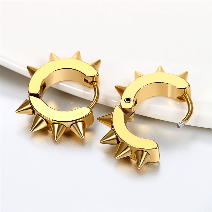 Street Wear Punk Gold Black Blue over Stainless Steel Spike Rivet Huggie Earrings