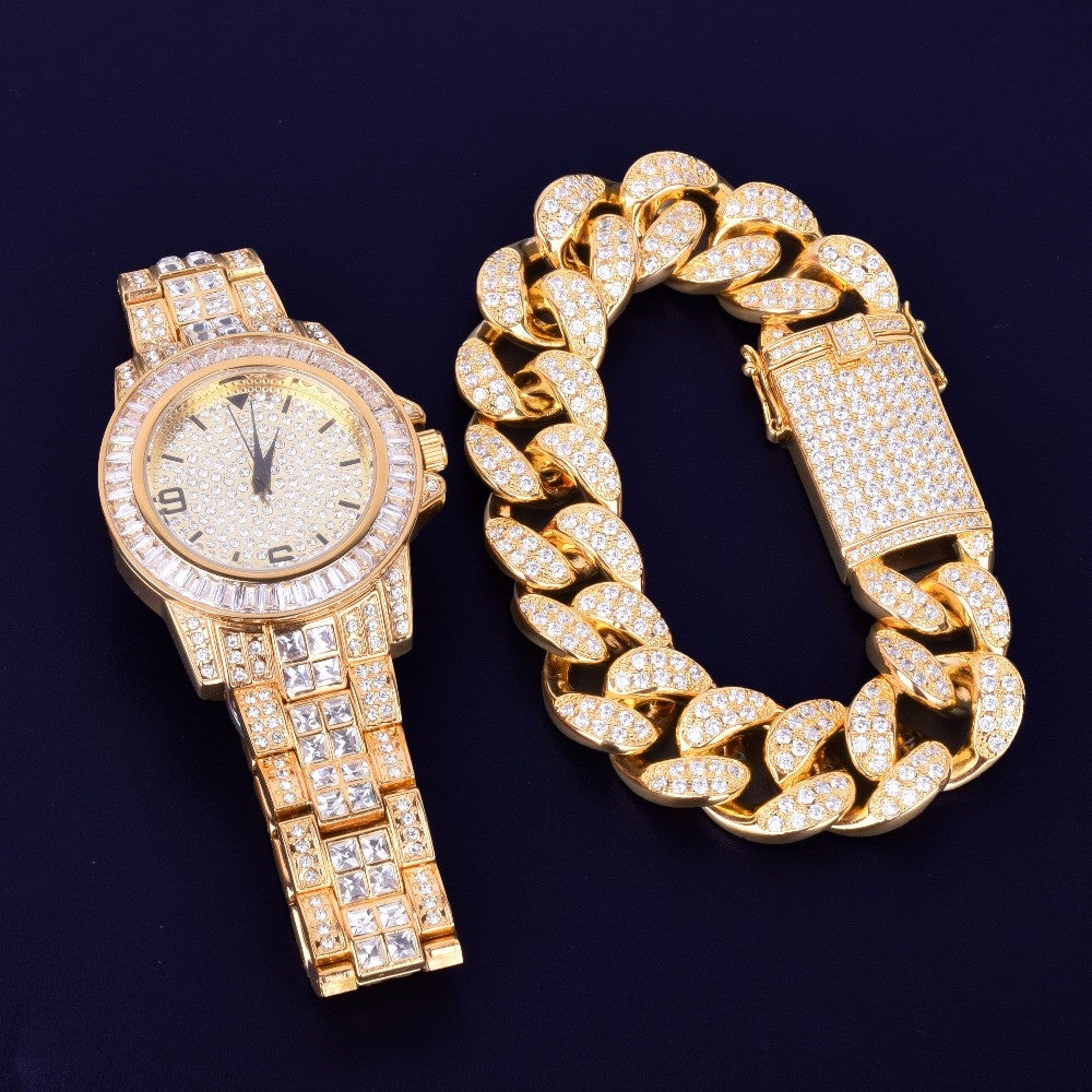 Luxury Baguette 14k Gold Stainless Steel Bling Watch Cuban Link Bracelet Set