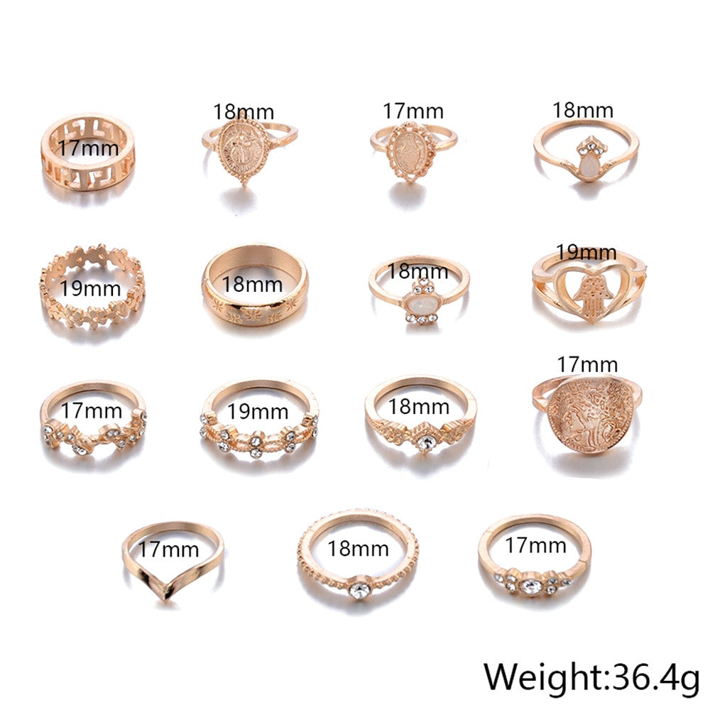 15 Piece Hearts Fatima Hand Virgin Mary Cross Ring Set Gold