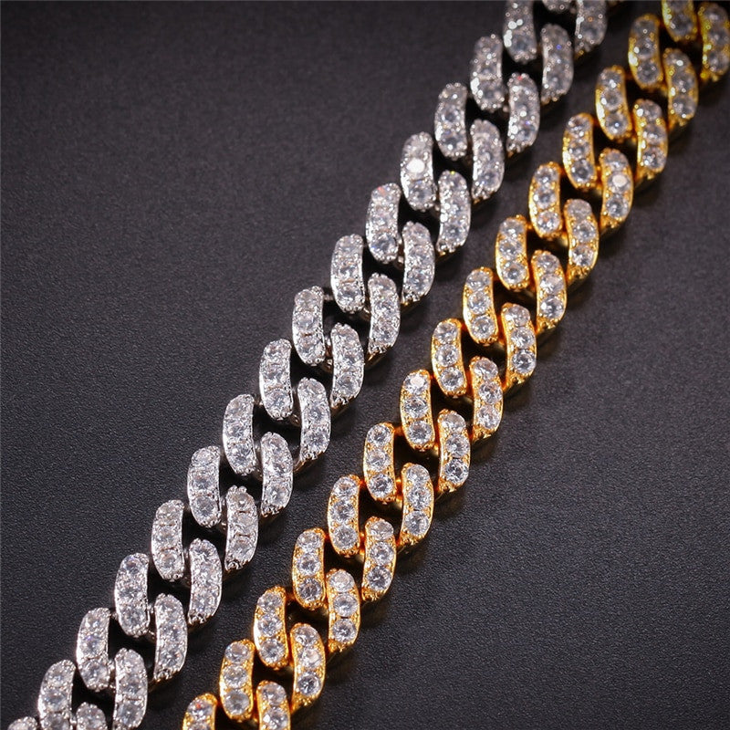 Hip Hop 10MM Iced AAA Micro Pave Stone Cuban Link 18k Gold .925 Silver Bracelet