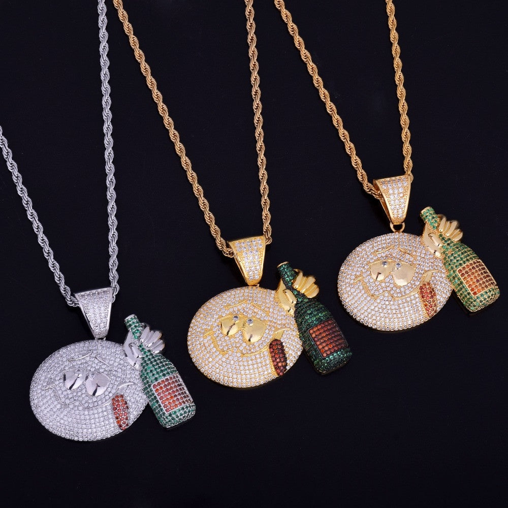 Flooded Ice Micro Pave 18k Gold .925 Silver Drunk Emoji Face Wine Bottle Bling Pendant