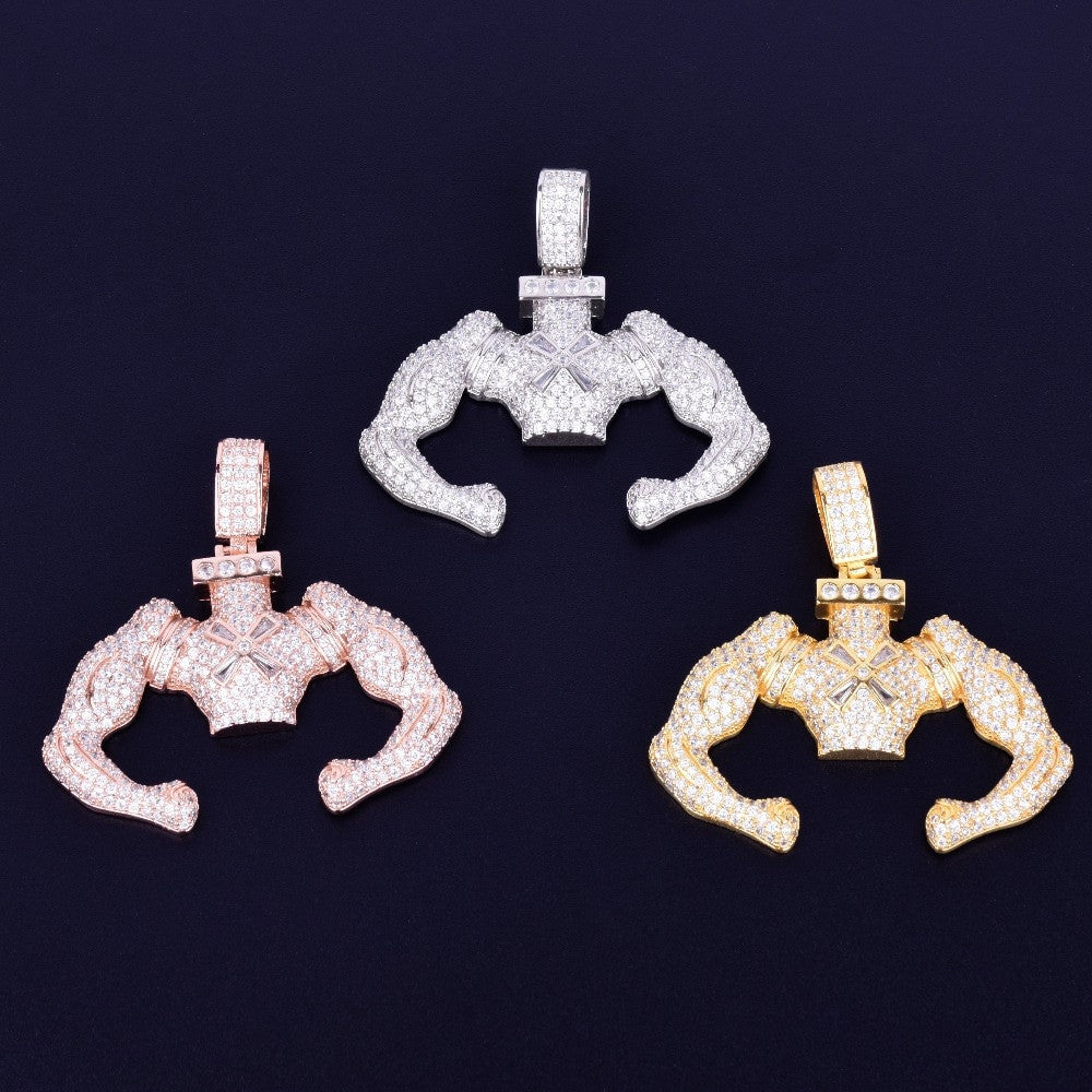 18k Gold .925 Silver Strong Armed Flexing Hip Hop Pendant Chain Necklace