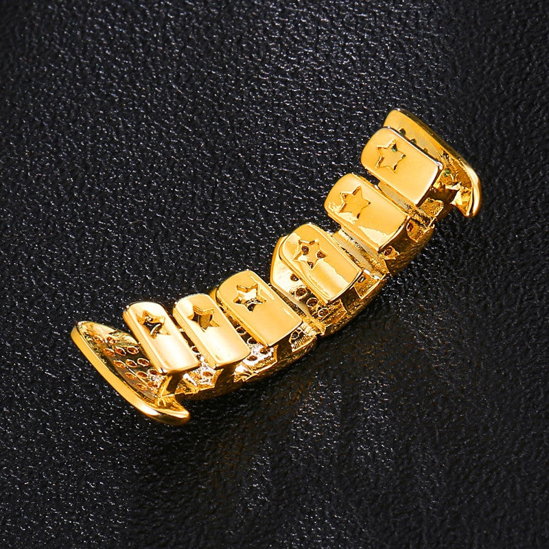 Iced Multi-Color Fang Blinged Out Teeth Hip Hop Grillz Top Bottom 14k Gold Set