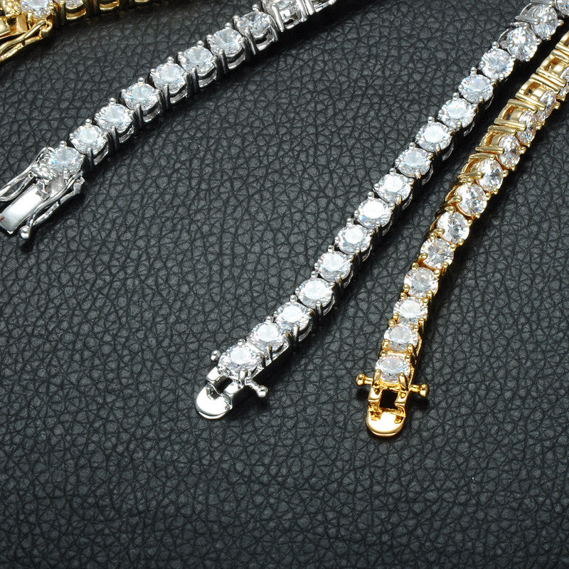 Mens Hip Hop Simulated Diamond 1 Row Tennis Chain Bracelet 14k Gold Silver