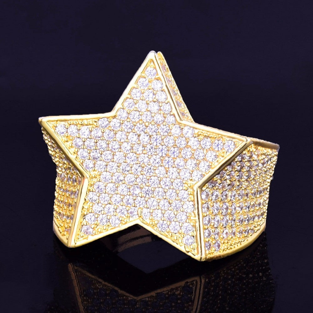 StarStruck | Hip Hop Five Star Men's 18k Gold Silver Flooded Ice Prong Set Ring