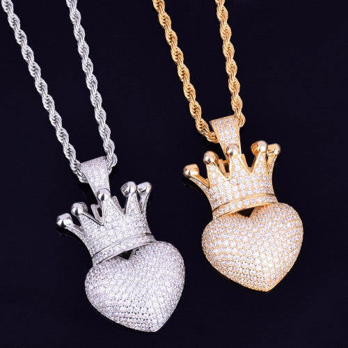 AAA True Micro Pave Crowned Heart 18k Rose Gold .925 Silver Iced Pendant Chain Necklace