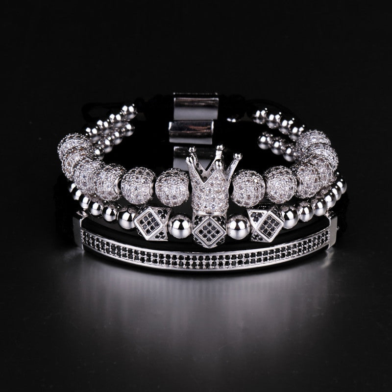 8mm AAA+ Micro Pave 3 Piece Mens Luxury Ball chain Braided Kings Crown Bracelet Set