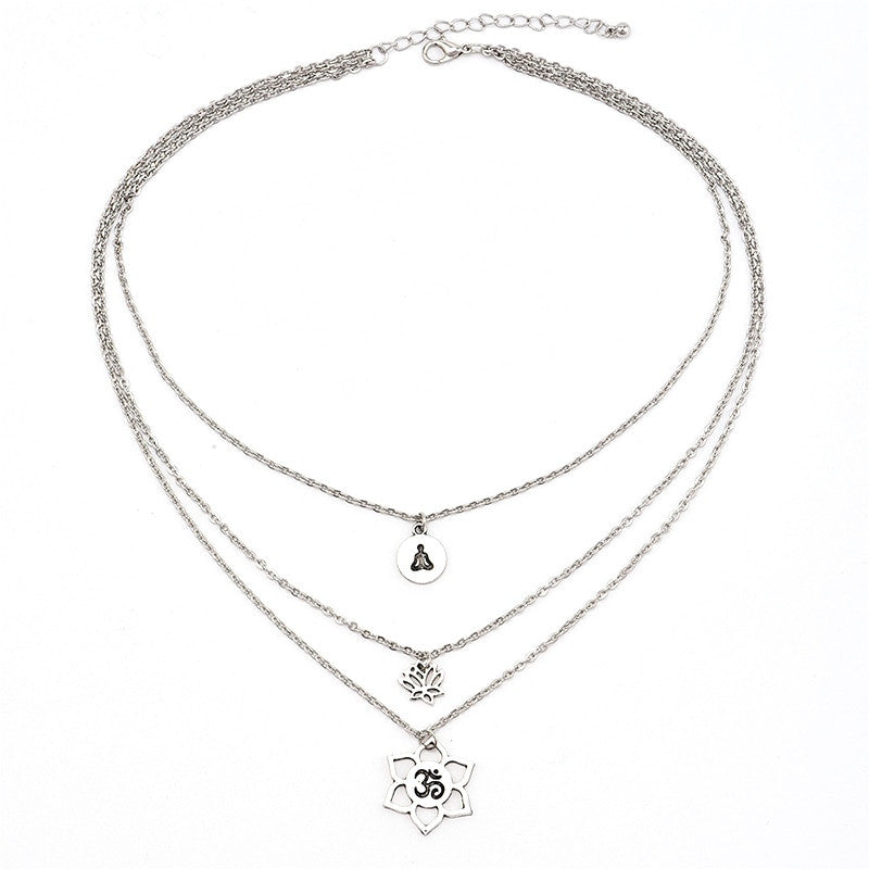 3 Piece Set Boho Buddha Lotus Yoga OM Symbol Fashion Necklace Silver Set