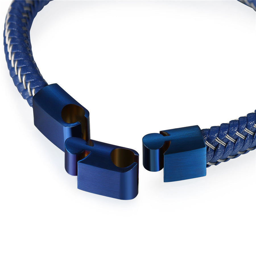 Mens Blue Steel High Fashion Stainless Steel Leather Hip Hop Bracelet