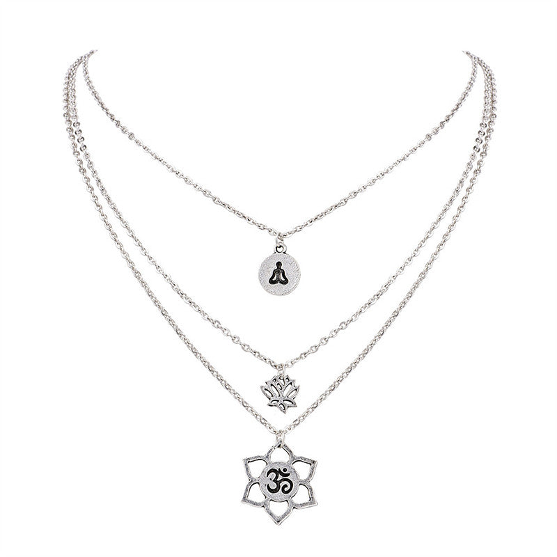 3 Piece Set Boho Buddha Lotus Yoga OM Symbol Fashion Necklace Silver Set